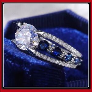 New silver round solitaire pave simulated diamond blue sapphire ring
